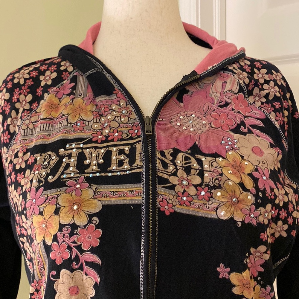 Vanilla Sugar vintage black/pink/tan floral collage zipper 3/4 sleeve hoodie